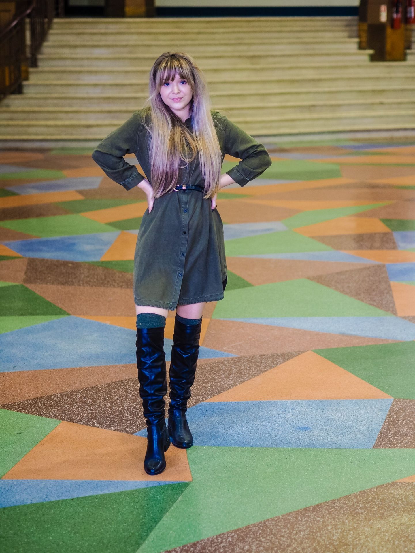 shirt dress with over the knee boots